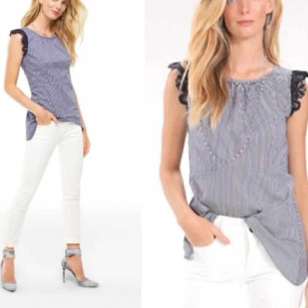 CAbi #5727 Blue White Stripe Sleeveless Lace Flutter Top size XS